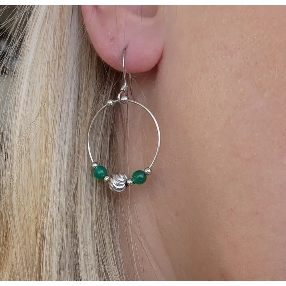 Solid 925 Sterling Silver Fine‎ Jewelry Round Hoop Earrings green Aventurine new